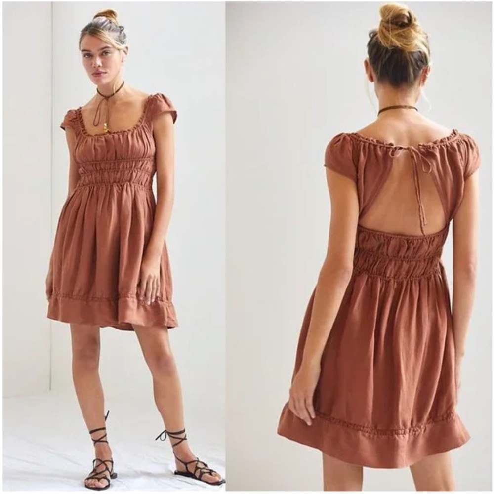 Brown Smocked Waist Mini Dress